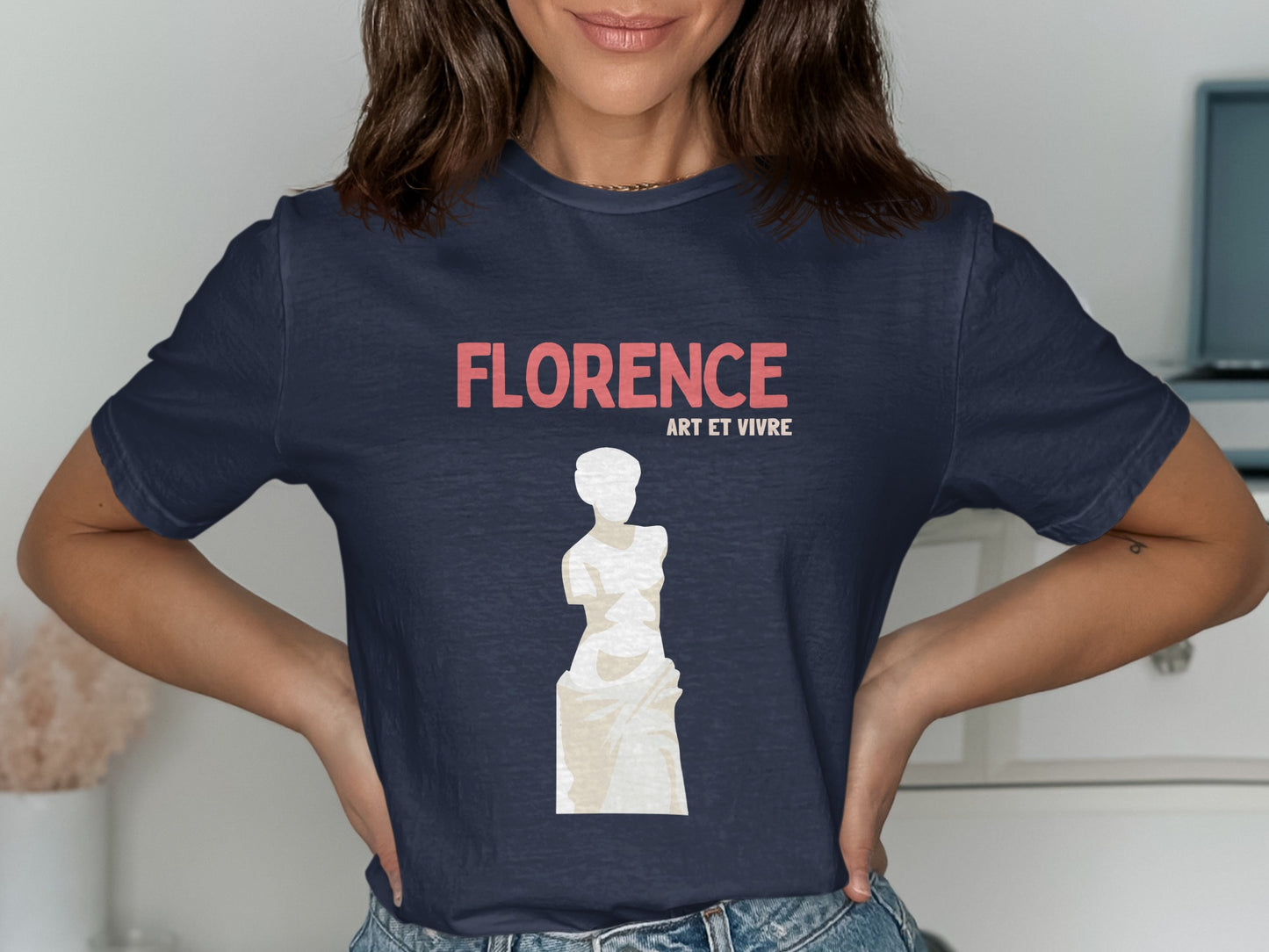 Navy t-shirt with "FLORENCE ART ET VIVRE" and a stylized statue graphic.