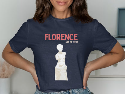 Navy t-shirt with "FLORENCE ART ET VIVRE" and a stylized statue graphic.