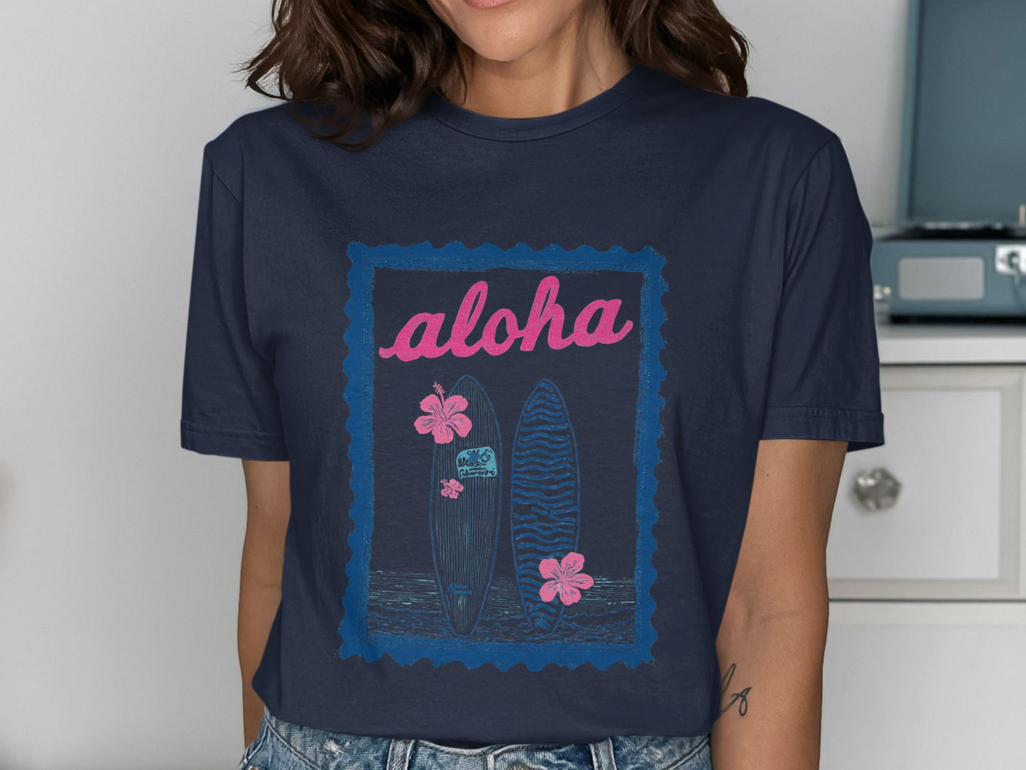 Navy t-shirt with "Aloha" text and two surfboards.