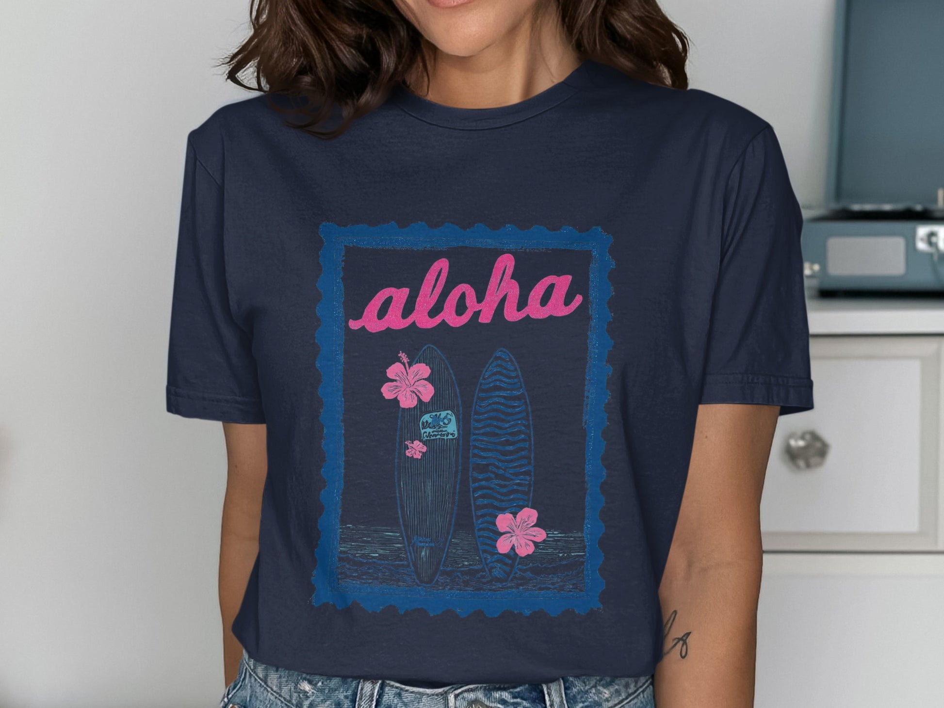 Navy t-shirt with "Aloha" text and two surfboards.