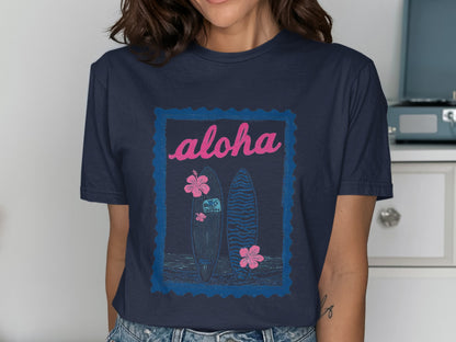 Navy t-shirt with "Aloha" text and two surfboards.