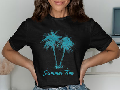 Black t-shirt with turquoise palm trees and "Summer Time" text.