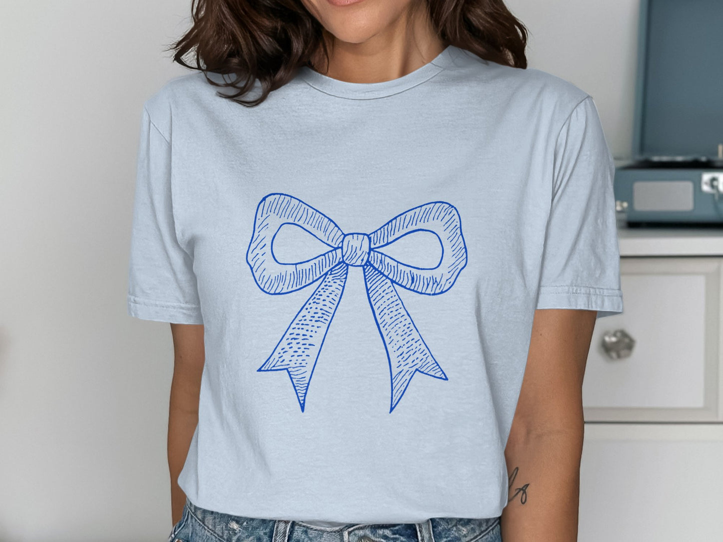 Blue Bow Print Short Sleeve Casual T-shirt product type