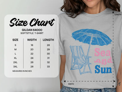 Gildan 64000 softstyle t-shirt size chart with measurements in inches.