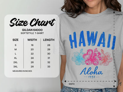 Gildan 64000 size chart for Aloha Hawaii t-shirt, with width and length measurements.