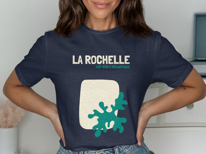 Navy t-shirt with "LA ROCHELLE CAP SUR L'ATLANTIQUE" and abstract graphic.