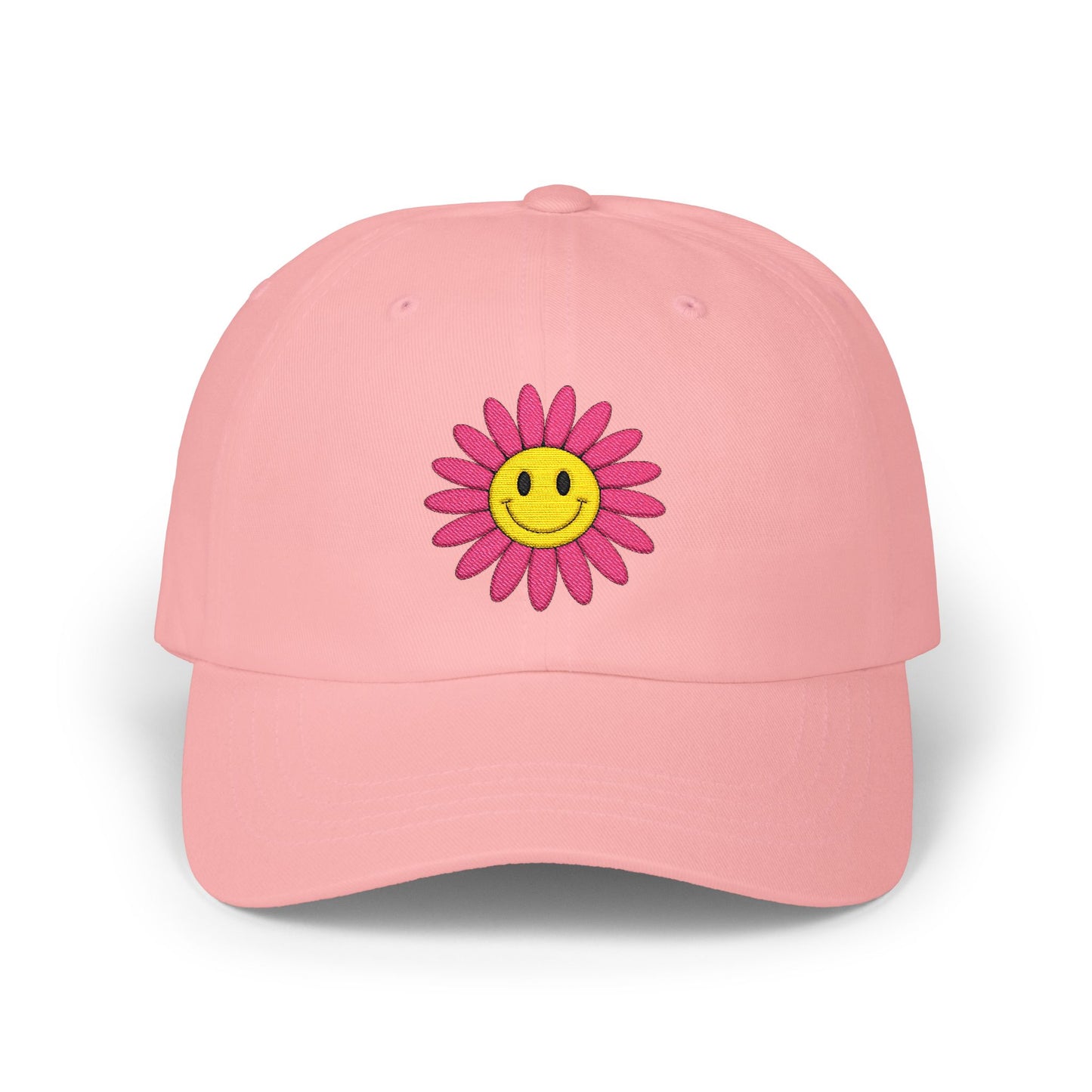 Smiley Daisy Dad Cap Embroidered Pink Flower Hat