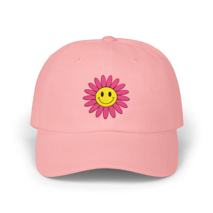 Smiley Daisy Dad Cap Embroidered Pink Flower Hat