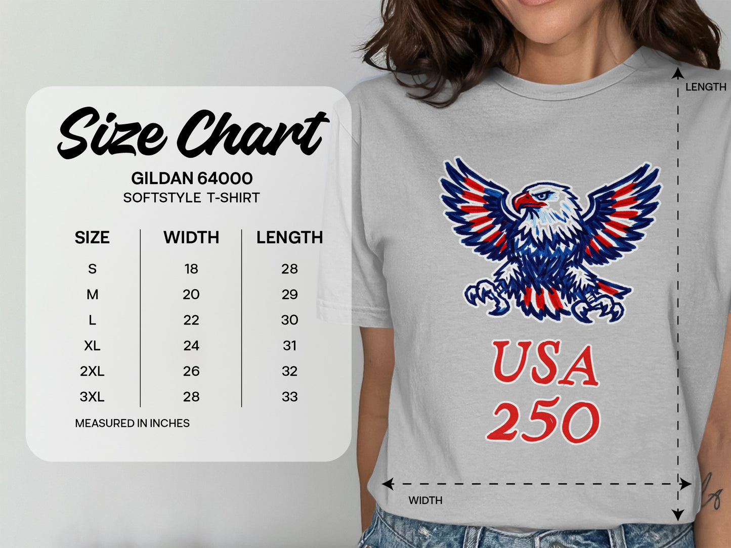 Gildan 64000 softstyle t-shirt size chart with USA 250 graphic.