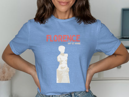 Light blue t-shirt with Florence Art et Vivre and white statue graphic.