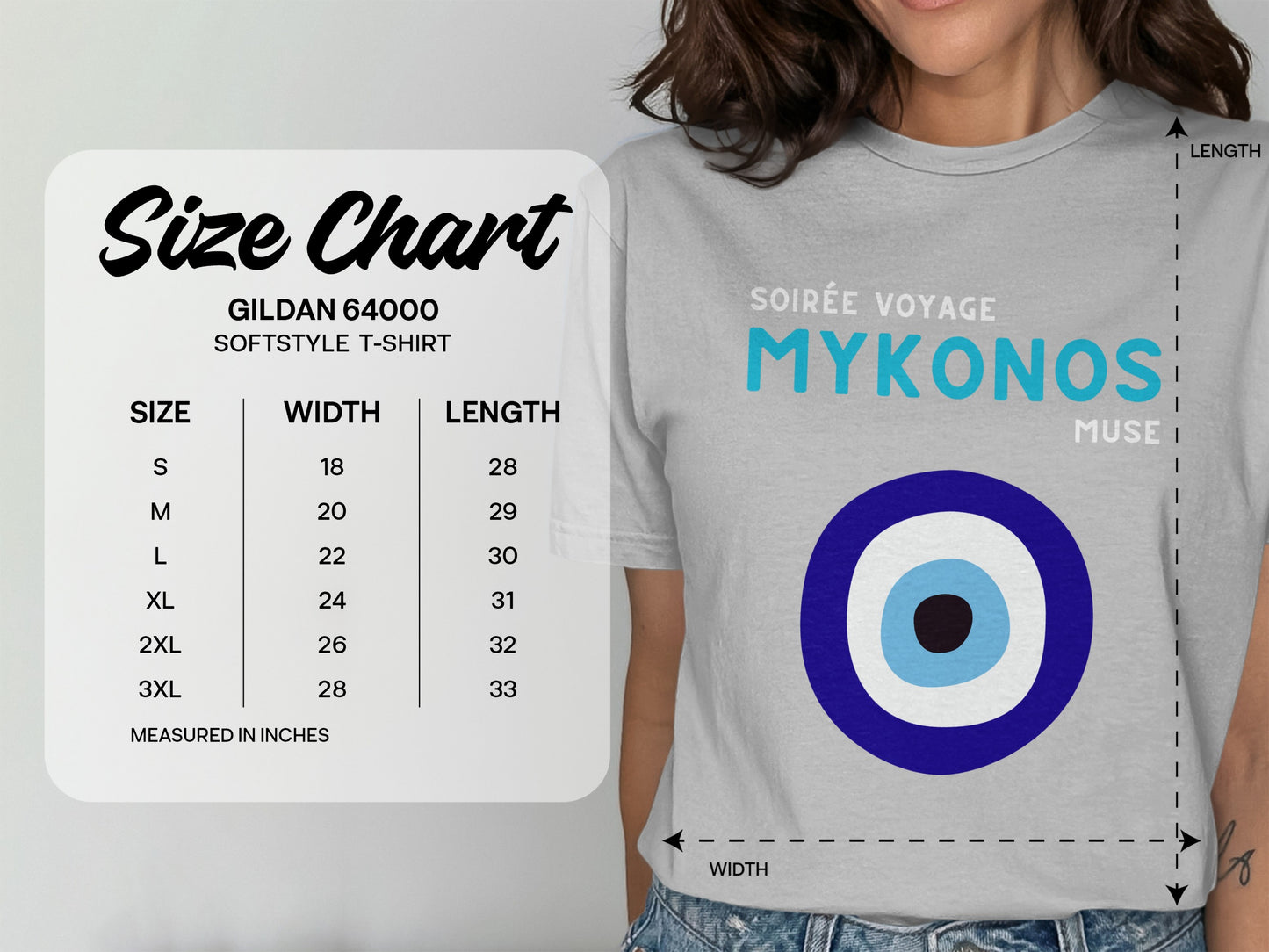 Gildan 64000 Softstyle T-shirt size chart with Mykonos graphic.