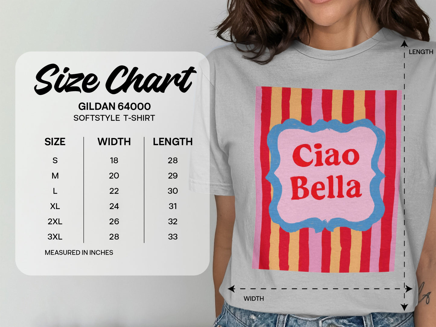 Gildan 64000 softstyle t-shirt size chart with measurements in inches.