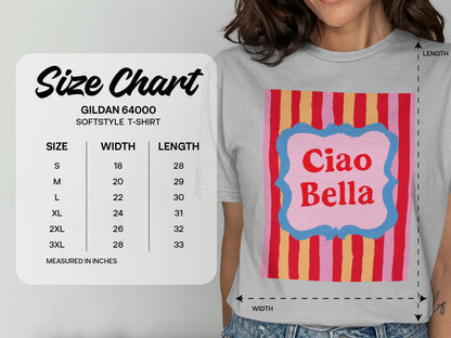 Gildan 64000 softstyle t-shirt size chart with measurements in inches.