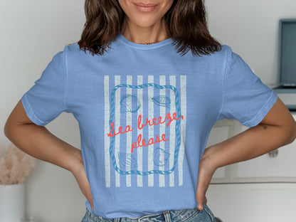 Light blue t-shirt with "Sea breeze, please" and seashell design.