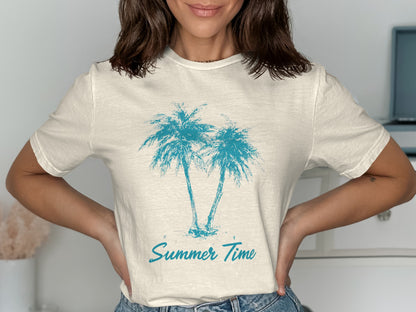 Cream t-shirt with two blue palm trees and "Summer Time" text.