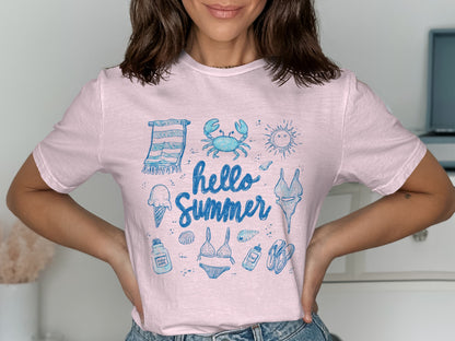 Pink t-shirt with "Hello Summer" and beach icons in blue sketch style.