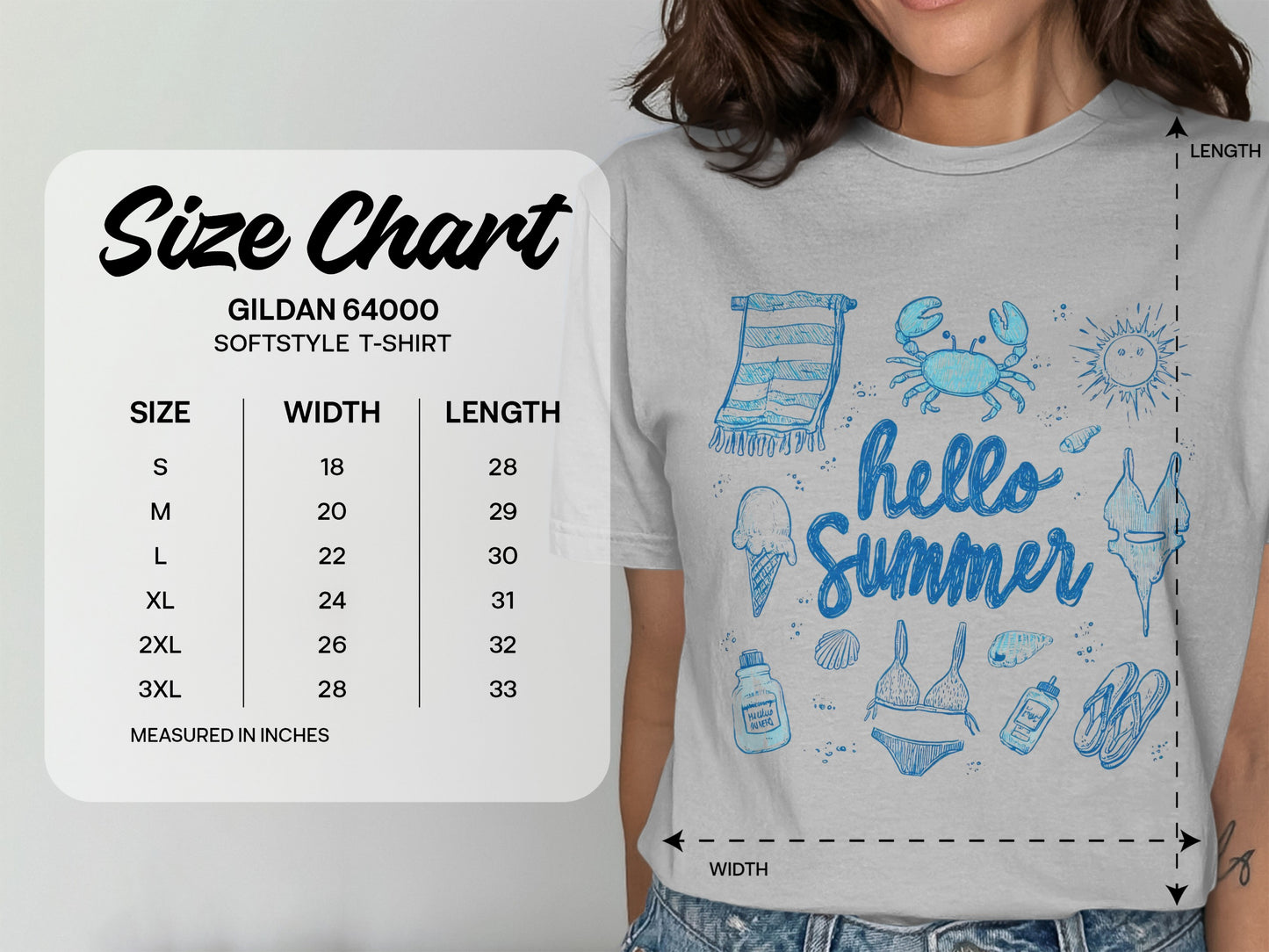 Gildan 64000 softstyle t-shirt size chart with measurements.