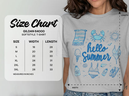 Gildan 64000 softstyle t-shirt size chart with measurements.