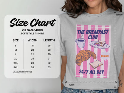 Gildan 64000 t-shirt size chart with measurements in inches.