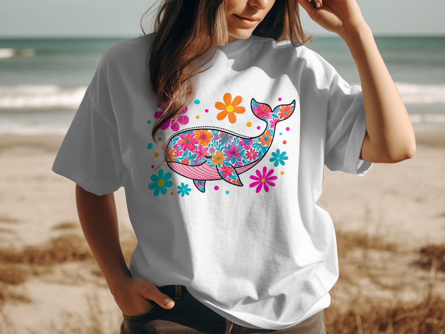 Colorful Floral Whale Graphic Print T-Shirt product