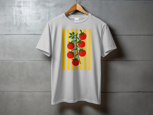 White t-shirt with a vertical striped pattern and a bunch of red tomatoes.