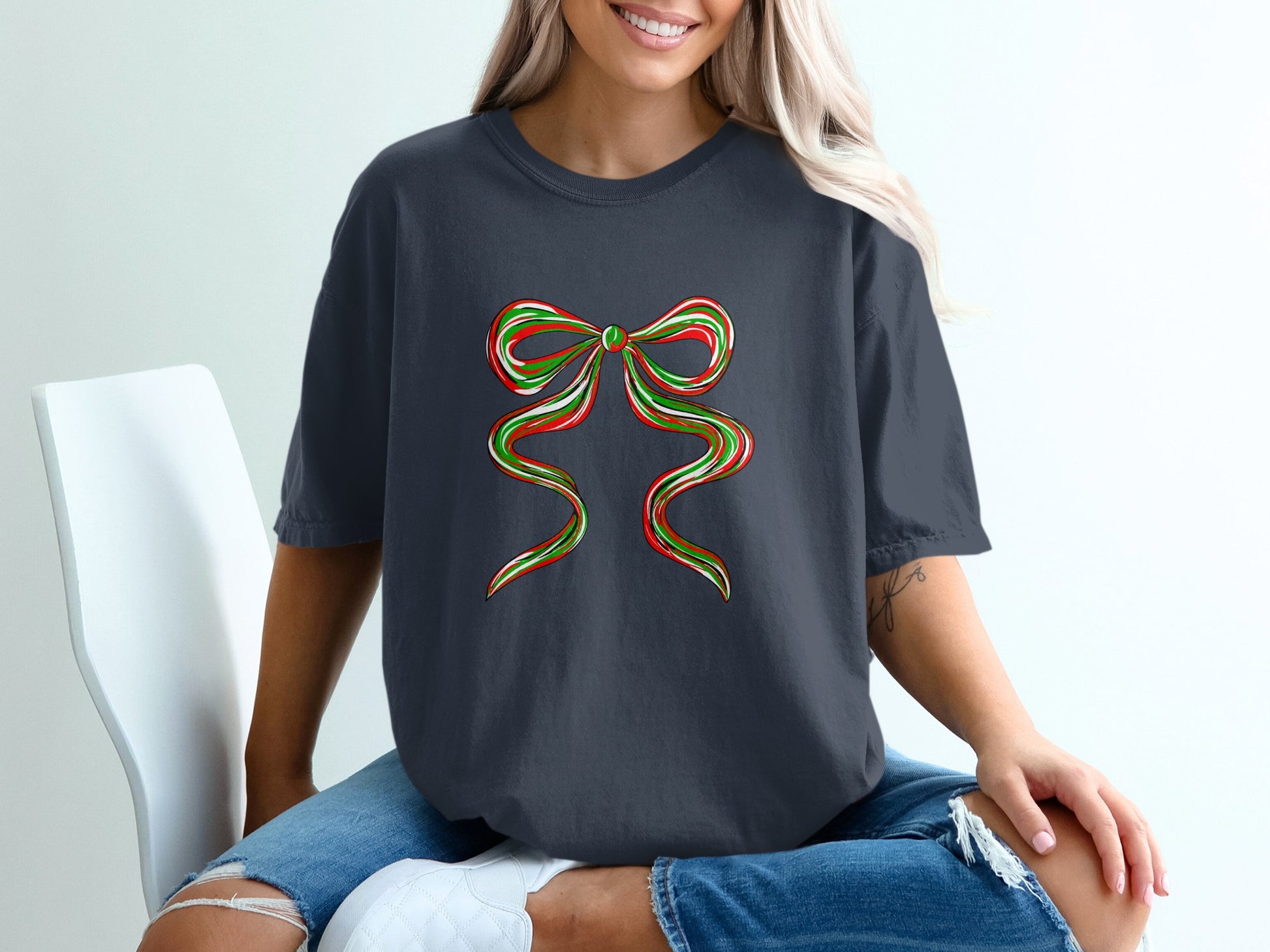 Festive Red and Green Bow Graphic Tee Shirt product