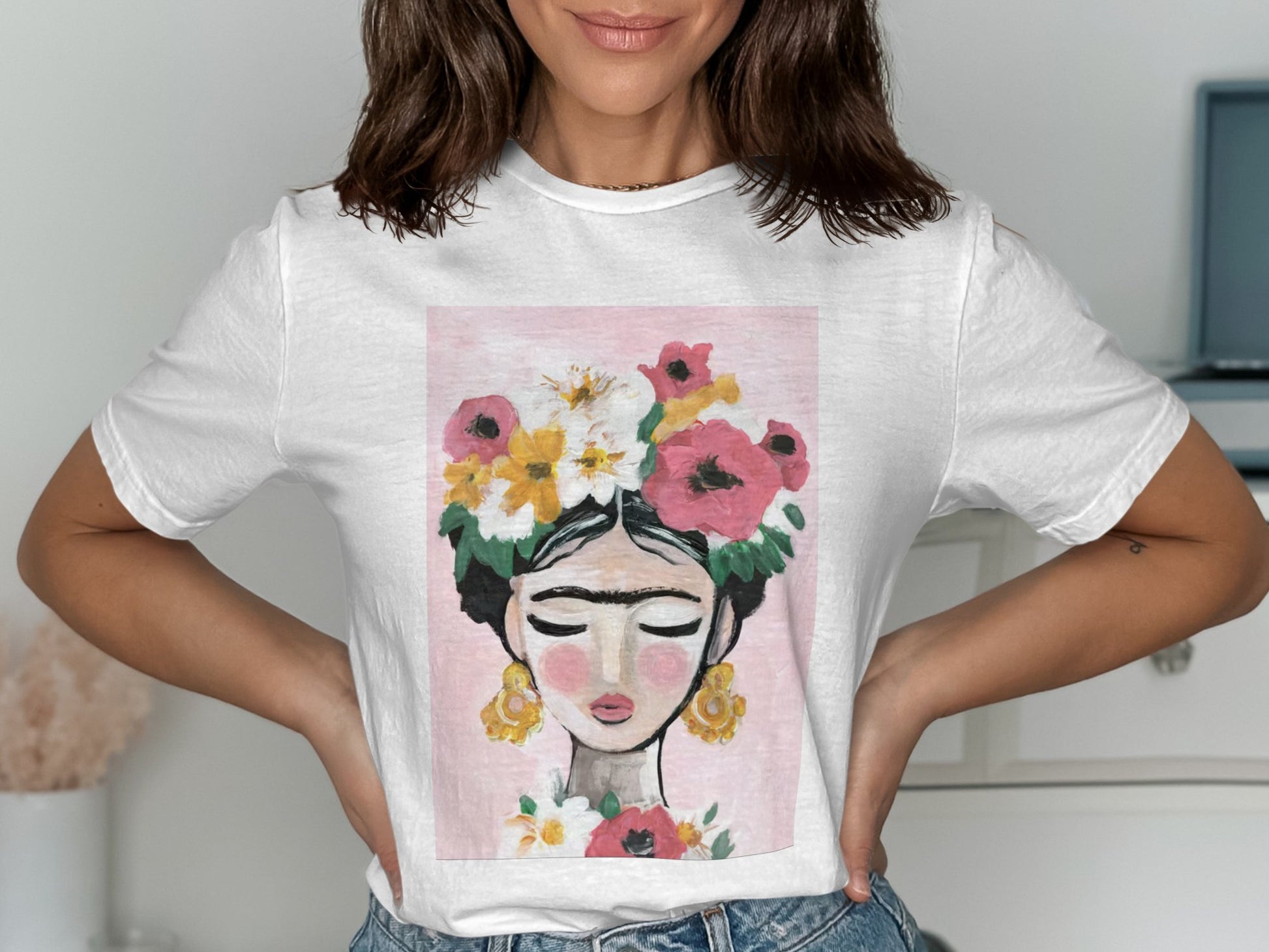 Frida Kahlo Floral Art Graphic White Tee product