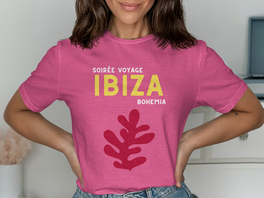 Pink t-shirt with yellow "IBIZA" and red abstract leaf graphic.