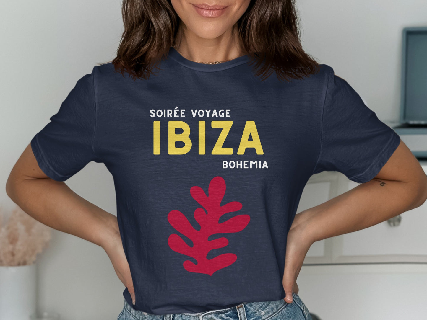 Navy t-shirt with "Soirée Voyage Ibiza Bohemia" and red leaf design.