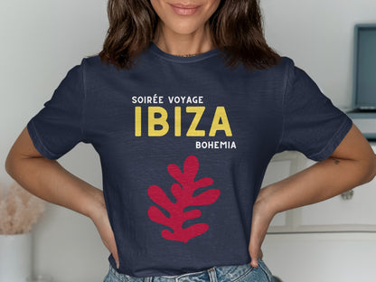 Navy t-shirt with "Soirée Voyage Ibiza Bohemia" and red leaf design.