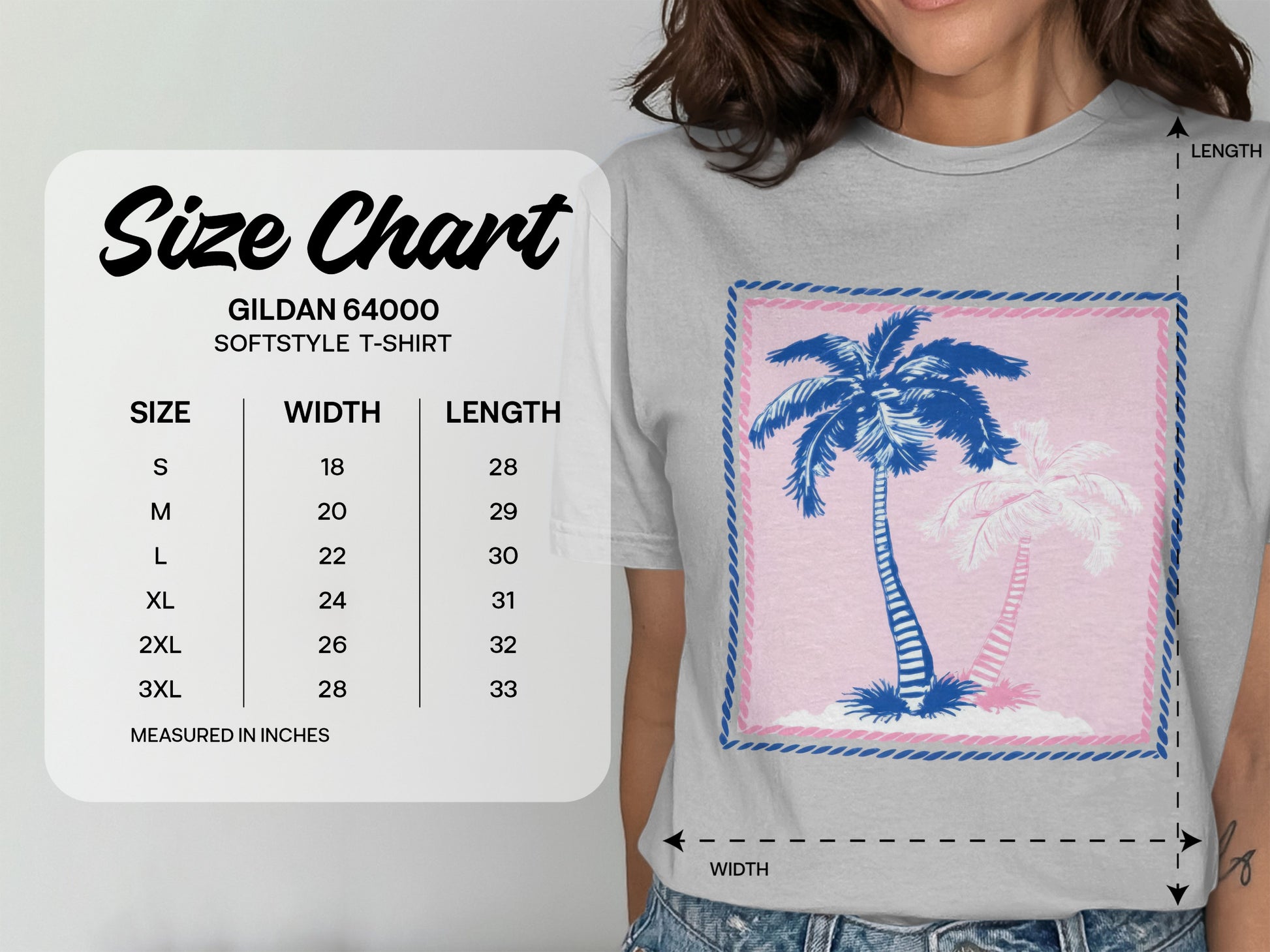 Gildan 64000 softstyle t-shirt size chart with measurements.