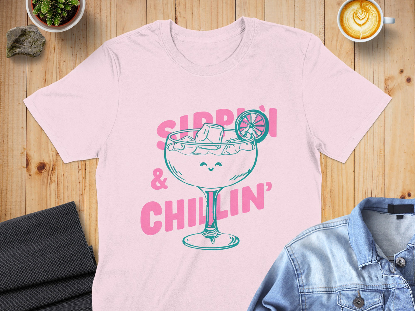 Pink t-shirt with cartoon margarita "Sippin' & Chillin'" graphic.