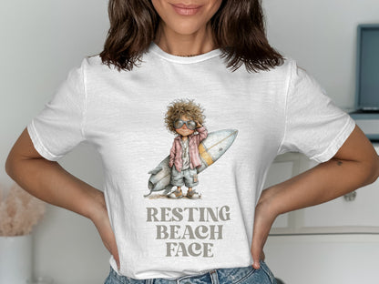 Illustration of child in sunglasses with surfboard, text "Resting Beach Face".