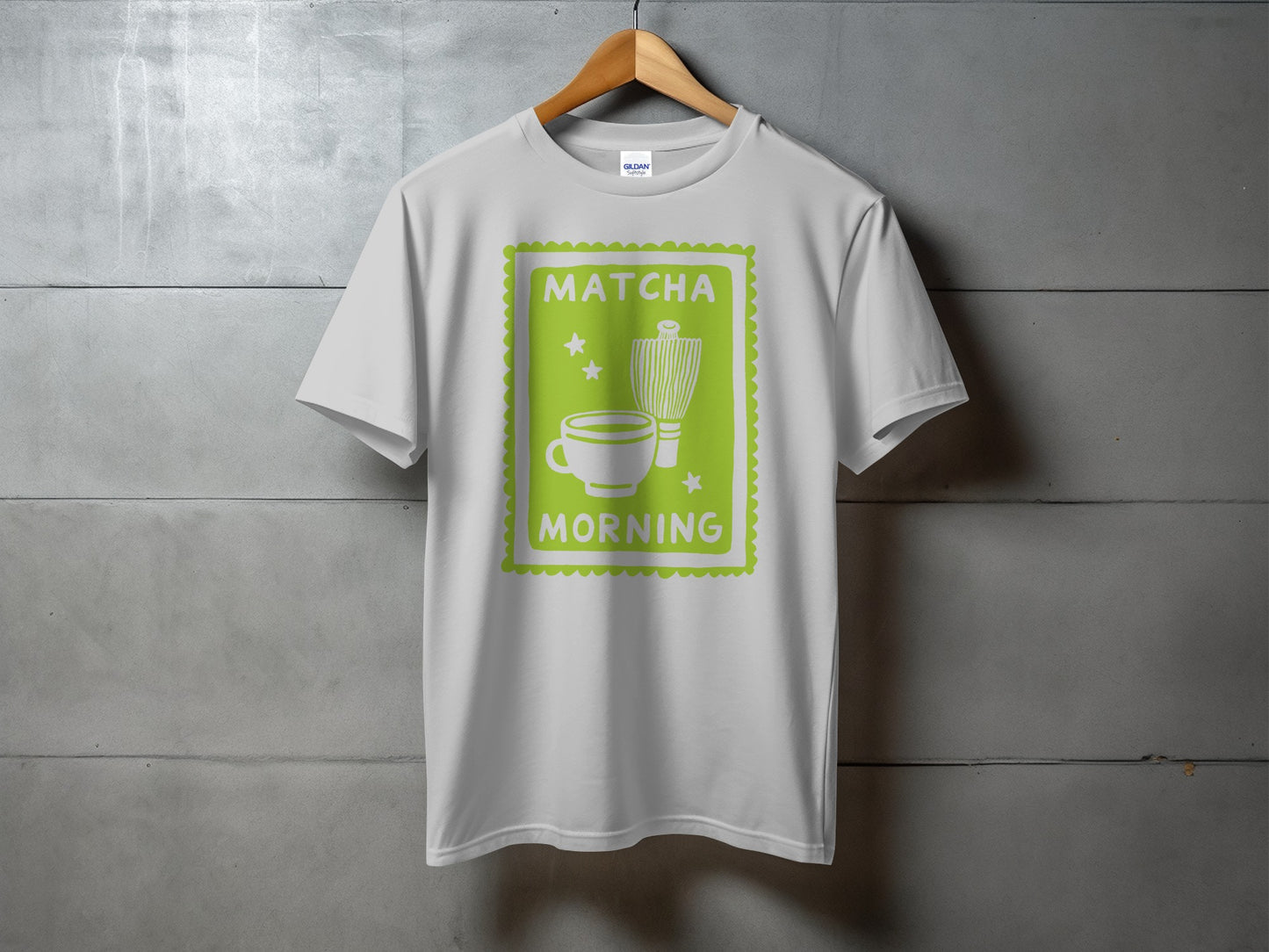 White t-shirt with green "Matcha Morning" design featuring a cup and whisk.
