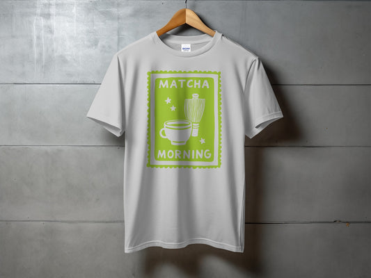 White t-shirt with green "Matcha Morning" design featuring a cup and whisk.
