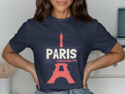 Navy t-shirt with "PARIS L'AMOUR DANS L'AIR" and Eiffel Tower graphic.