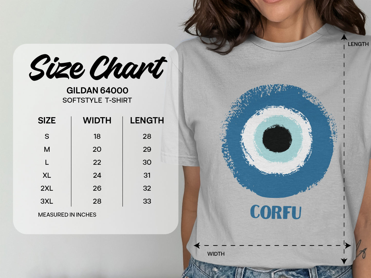 Gildan 64000 softstyle t-shirt size chart with Corfu evil eye design.