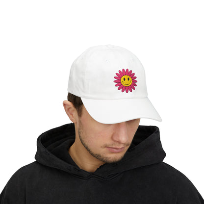 Smiley Daisy Dad Cap Embroidered Pink Flower Hat