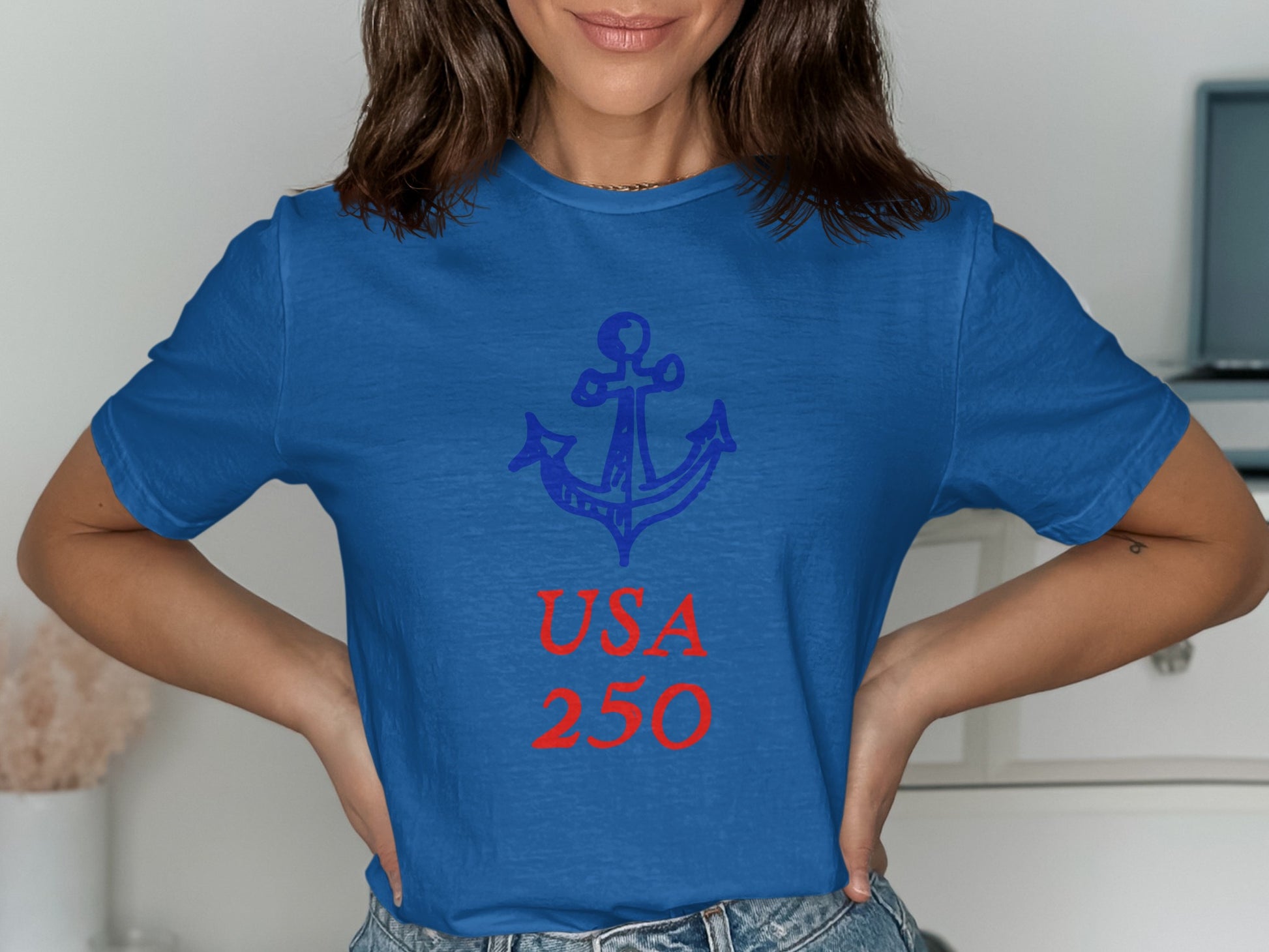 Blue t-shirt with red anchor and USA 250 graphic.