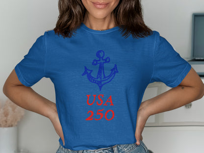 Blue t-shirt with red anchor and USA 250 graphic.