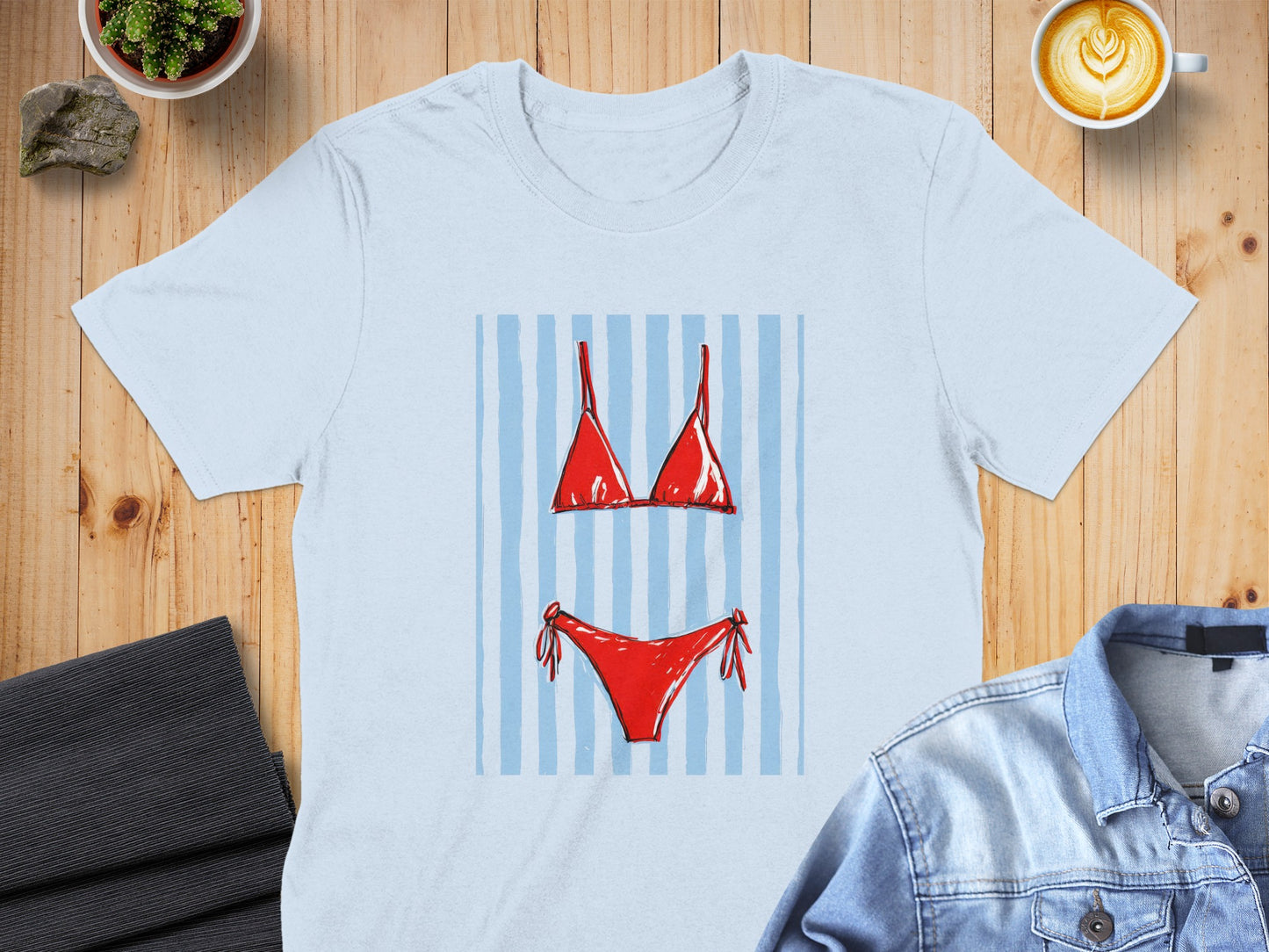 Red bikini with white ties on a light blue striped background.