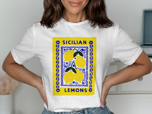 White t-shirt with a "SICILIAN LEMONS" design featuring lemons on vines.