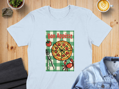 Pizza graphic with "Bon Appétit" text on a light blue t-shirt.