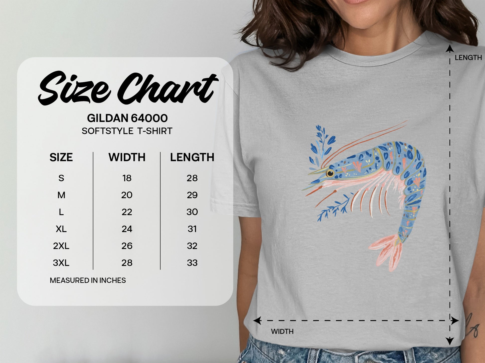 Gildan 64000 Softstyle T-shirt size chart with measurements in inches.