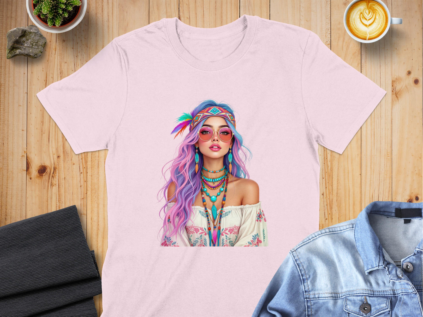 Pink T-Shirt Featuring Colorful Girl Illustration product