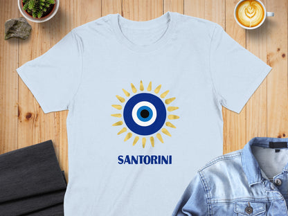 Light blue t-shirt with Santorini Greek evil eye design.
