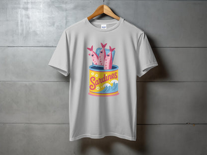Sardines can with fish popping out, on a white t-shirt.