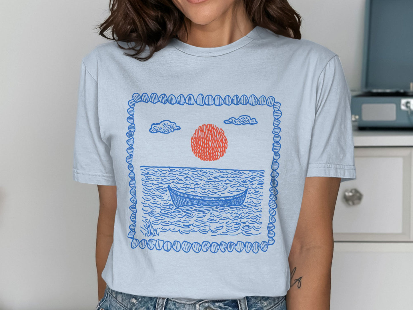Artistic Boat and Sun Print Graphic T-Shirt product