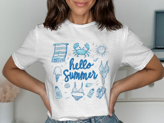 White t-shirt with "Hello Summer" and beach-themed illustrations in blue.