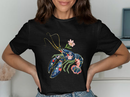 Black t-shirt with a navy blue lobster and floral design.